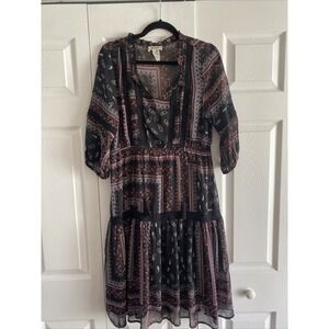 Mimi Chica Boho Paisley Tiered Dress Womens Size M Black Bandana Lace Chiffon